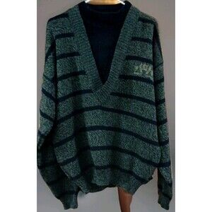 Vintage 90s IOU Men’s V-Neck Striped Sweater Medium Grunge Y2K Retro Pullover